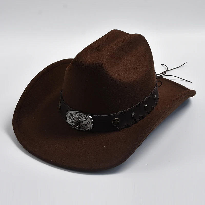 New Artificial Wool Western Cowboy Hats for Men Women Vintage Wide Brim Fedoras Hats Gentleman Lady Cowgirl Jazz Hats
