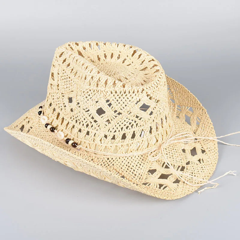 Straw Western Cowboy Hat for Women Men Classic Vintage Hollow Out Unisex Wide Brim Beach Sun Hat Fishing Hat Climbing Cap