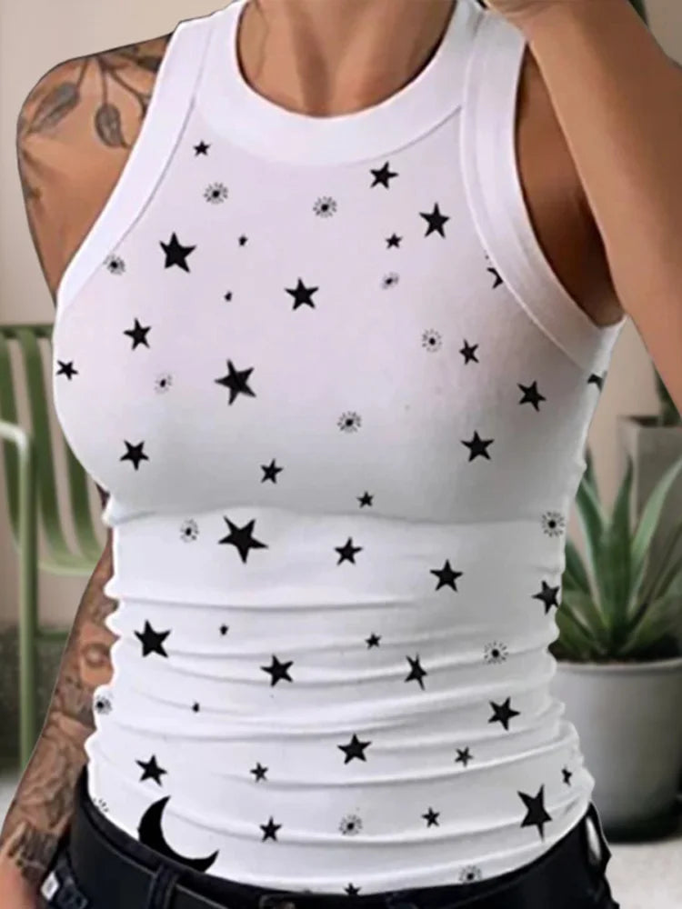 Summer Basic Elastic Tank Top Digital Printing T-shirt Women's O Neck Racerback Sexy Tank Top Stripe Print Sleeveless Tank Top