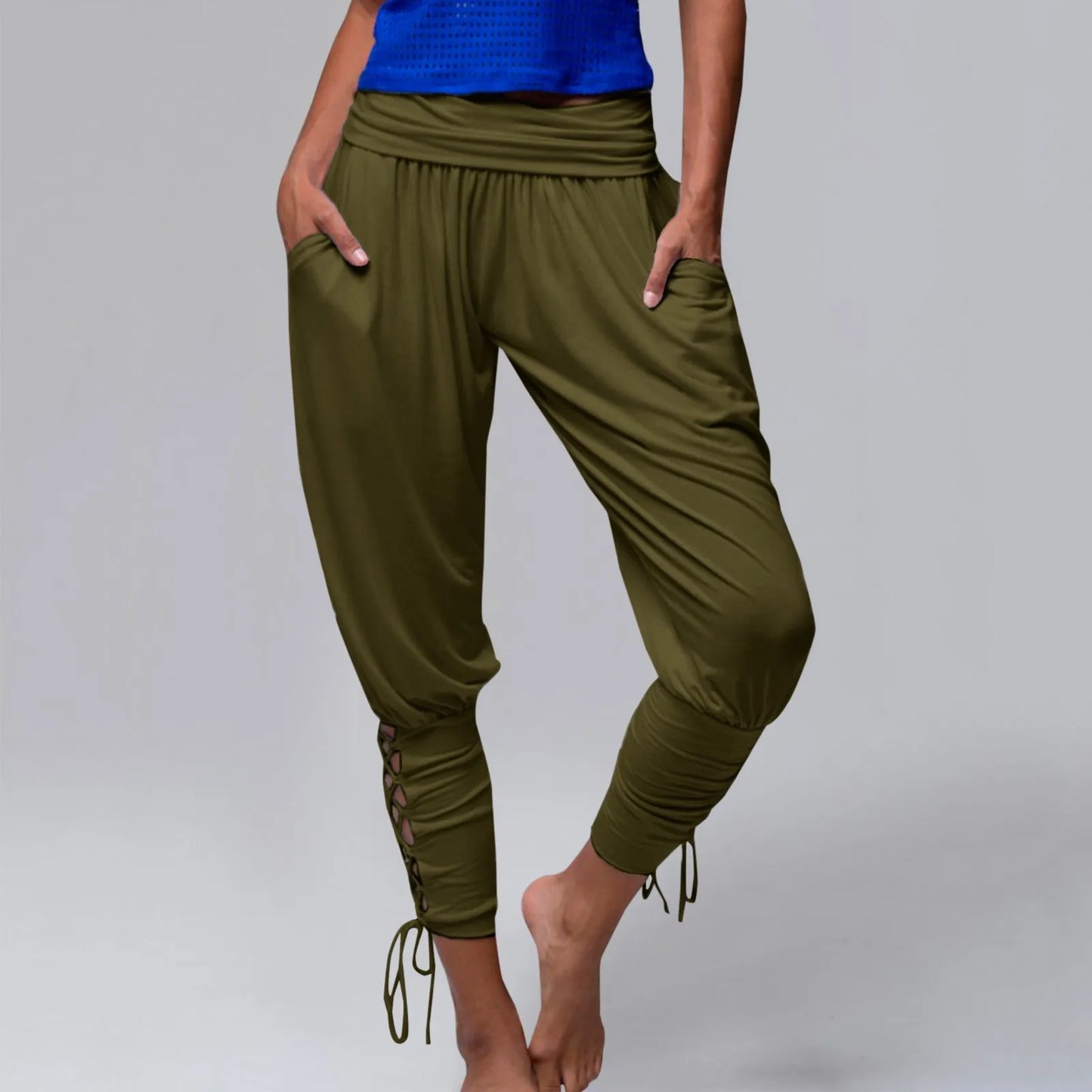 Women'S Pants Streetwear Pants For Women Yoga Sportwear Lace Up Bandage Solid Elastic Waist Pants Women'S Clothing