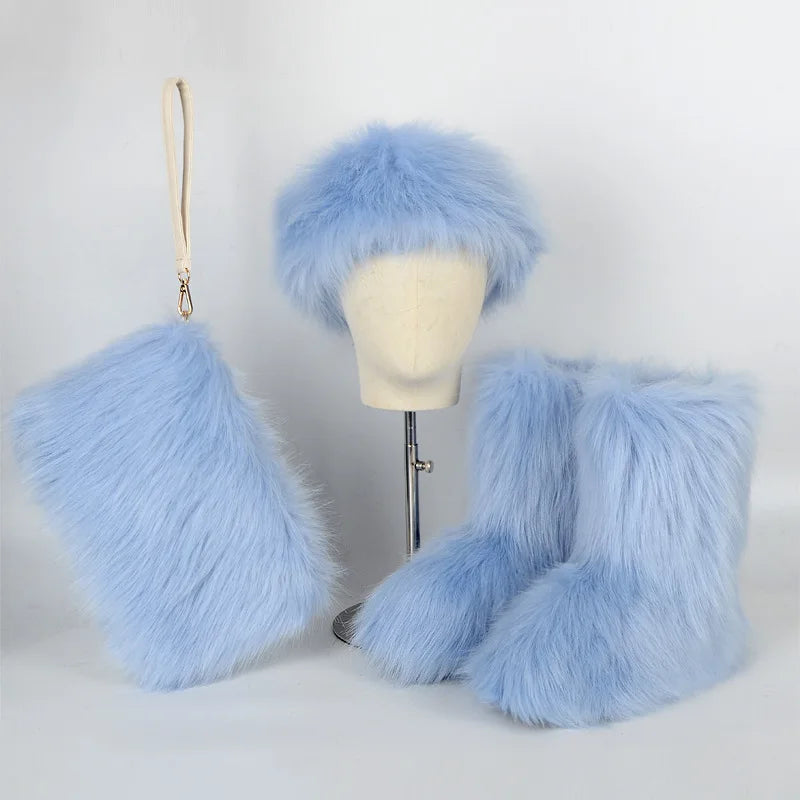 Women High Quality Fur Snow Boots One Fur Plus Velvet Thick Plus Size Snow Boots Headband Clutch Bag Imitation Fox Fur Boots Set