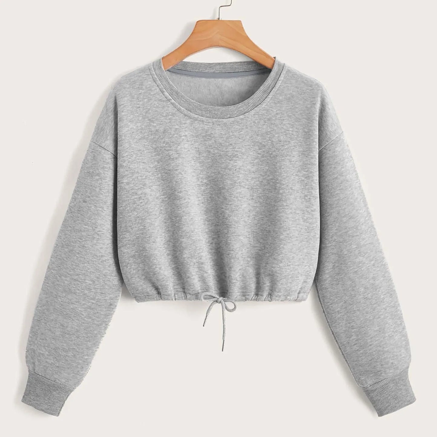 Women Casual Solid Round Neck Long Sleeve Crop Top Sweatshirt Loose Strap Top Athletic Wear Hoodie Casual Female Sportswear