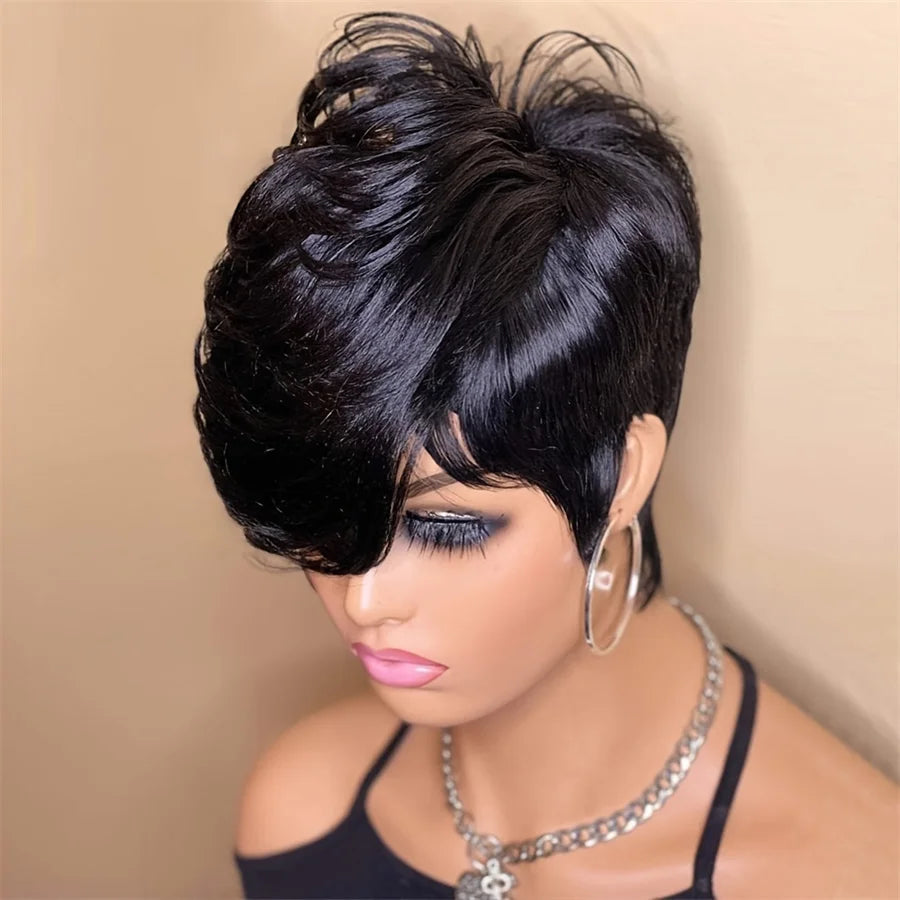pixie cut human hair machine made remy wig 6inch natural balck color 150% density daily party use wig short straight pixie wig