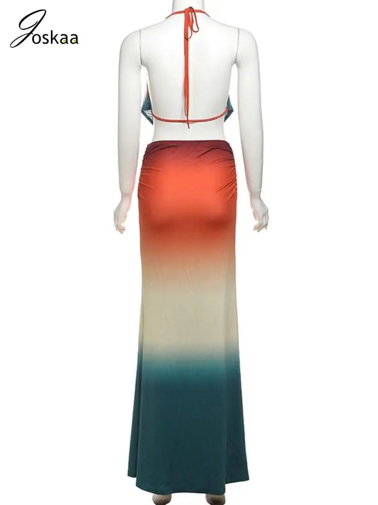 Joskaa 2025 Summer Sexy Colorful 2 Piece Set Women Backless Halter Tank Top+Ribbons Ruched Maxi Skirt Matching Holiday Beachwear