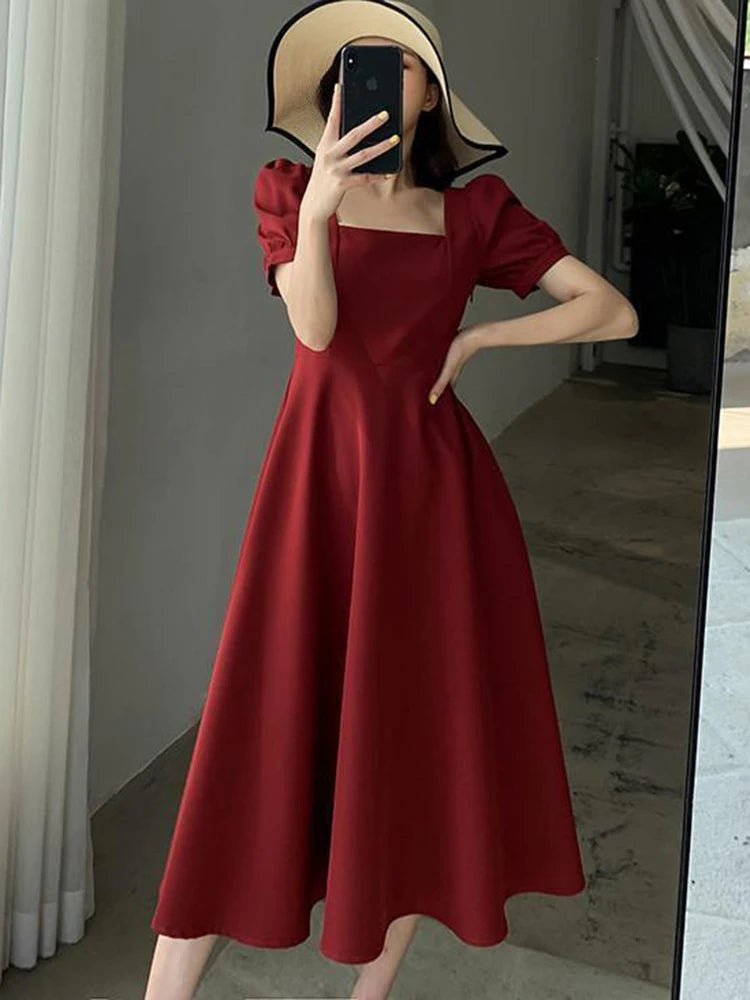 Black Long Dress Women Summer New Vintage Square Collar Dress Korean Elegant White Ins Female Puff Sleeve Vestidos