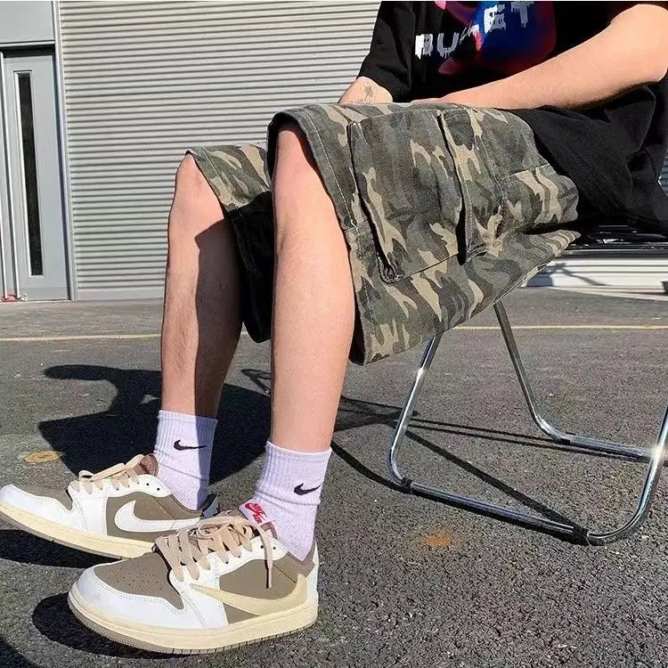 Men's New Retro Camouflage Workwear Loose High Street Pocket Straight Versatile Five-point Shorts