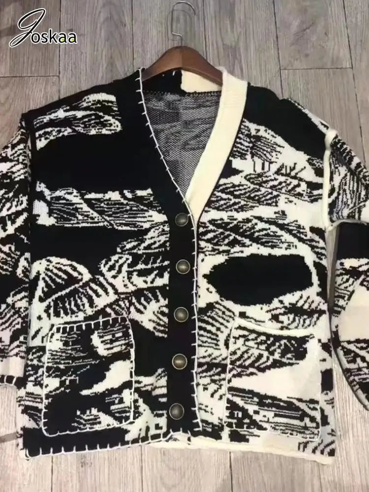 Joskaa Knitted Jacquard Overaized Cardigan Women Hipster V-Neck Full Sleeve Single Breasted Sweater Top Outerwear Y2K Streetwear