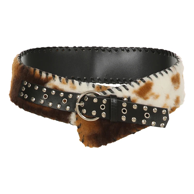 Fashion Classical Leather Pu Spliced Faux Fur Women’s Belts Cow Pattern Exquisite Retro Accessories