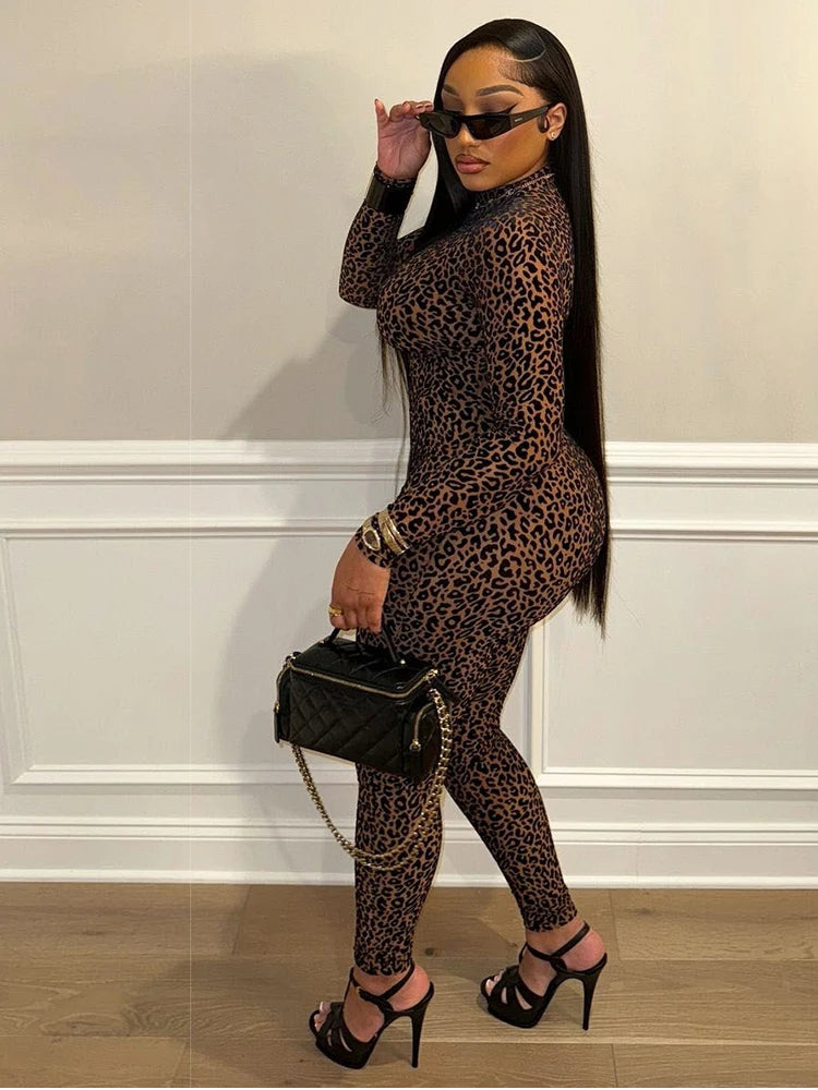 Nibber See Through Sexy Leopard Mesh Jumpsuit Women Sexy Hipster Zip Stretch Midnight Workout Autumn Fitness Street Overalls