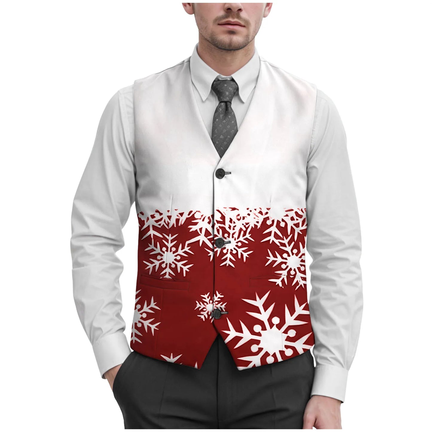 Christmas Snowflake Print Suit Vest Jacket Men'S V Neck Button Pocket Slim Suit Vest Jacket Exquisite Men'S Outerwear Coat