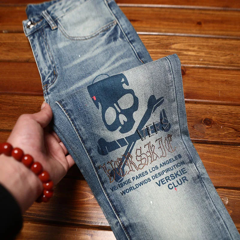 Light luxury fashion men's clothing summer thin jeans men's slim fit small feet elastic trend printed long pants