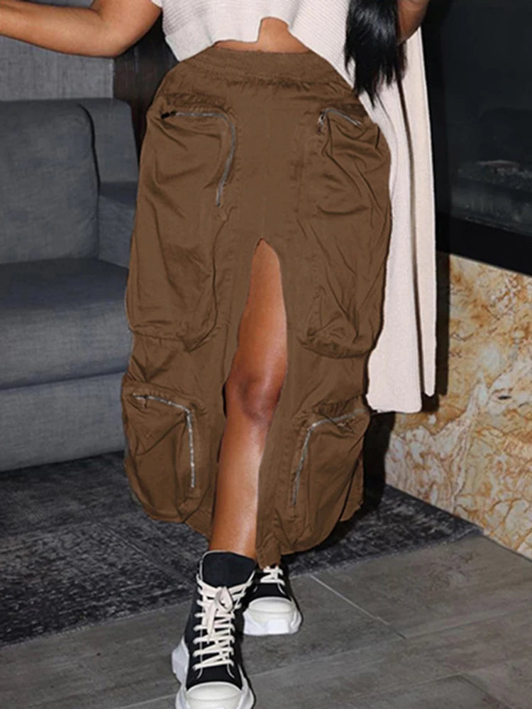 Joskaa Harajuku Cargo Skirt Women Casual Zipper Loose High Waist Long Y2k Skirt Autumn Sumemr 2023 Female Bottom Korean