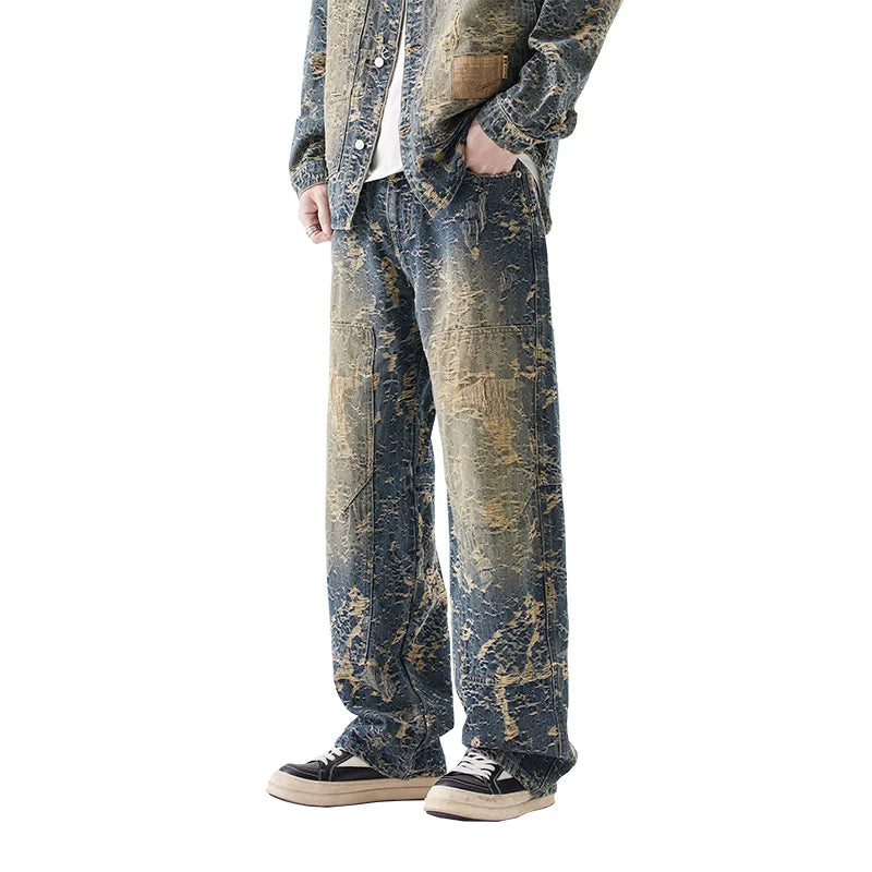 American High Street Denim Sets Men's Jacquard Ragged Loose Casual Plus Size Retro Washed Denim Shirt Style Jacket Jeans Pants