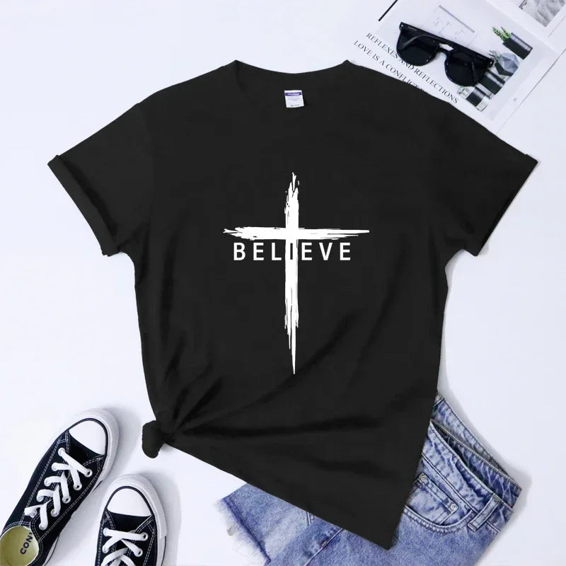 Christian Cross T-Shirt for Women - Inspirational Jesus Christ Tee, Faith Verse Graphic Top, Religious Apparel