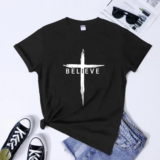 Christian Cross T-Shirt for Women - Inspirational Jesus Christ Tee, Faith Verse Graphic Top, Religious Apparel