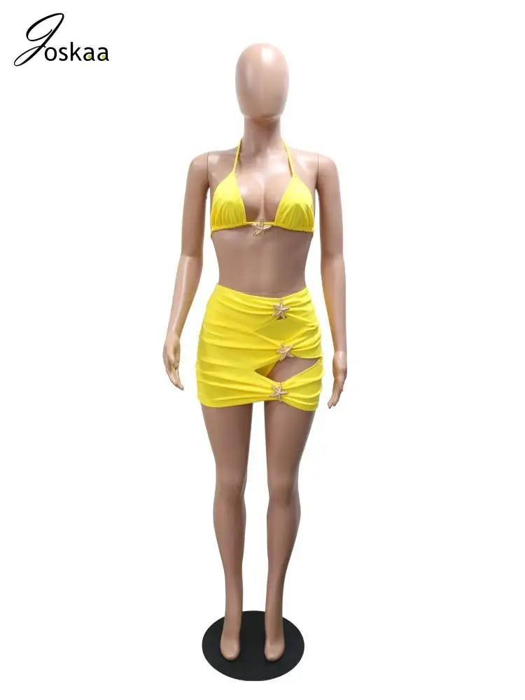 Joskaa Sexy Bikini 3 Piece Sets Women Bra+Briefs+Hollow Mini Skirt Matching Swimsuit 2025 Summer Bathing Suit Holiday Beachwear
