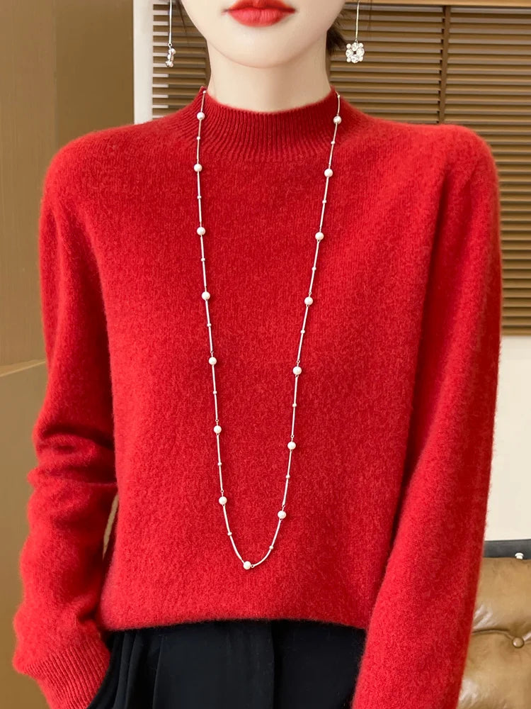 Women's Elegant Basic Style Pullover 100% Merino Wool Knitwear Autumn Winter Warm Solid Casual Loose Exquisite Clothing Tops