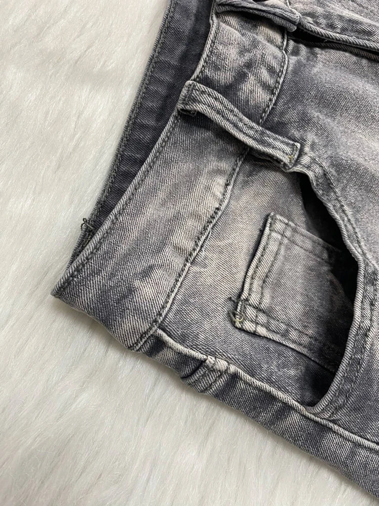 2025 New Summer Women Denim Short Pants Straight Midi Casual Multi Pockets Knee Length Vintage Washed Cargo Feminino Jean Shorts