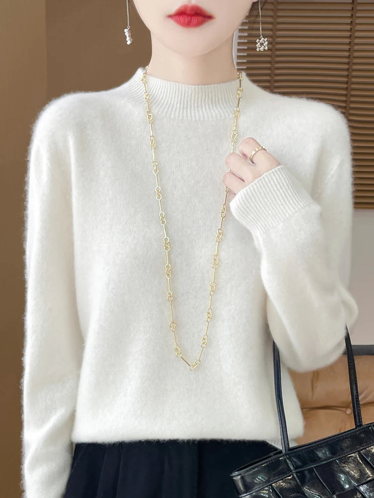 Women's Elegant Basic Style Pullover 100% Merino Wool Knitwear Autumn Winter Warm Solid Casual Loose Exquisite Clothing Tops