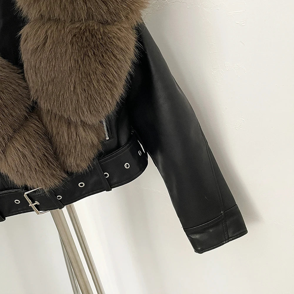 Faux Fur Coat  Female Autumn Faux Leather Jacket Short Clothing Long Sleeve Spring New PU Fur Jacket Artificial Women Pockets