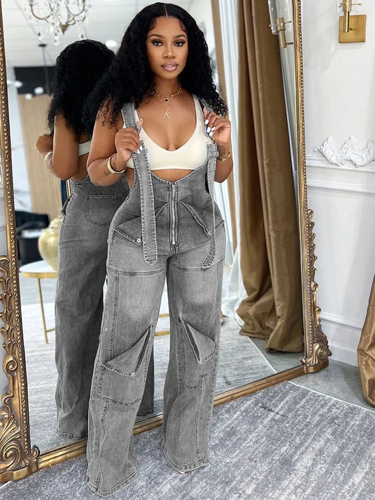 Sister Star Summer Fashion Women's Denim Backpack Pants Street Casual Zipper Washed Jumpsuit Pants Personality Street Jumpsuit