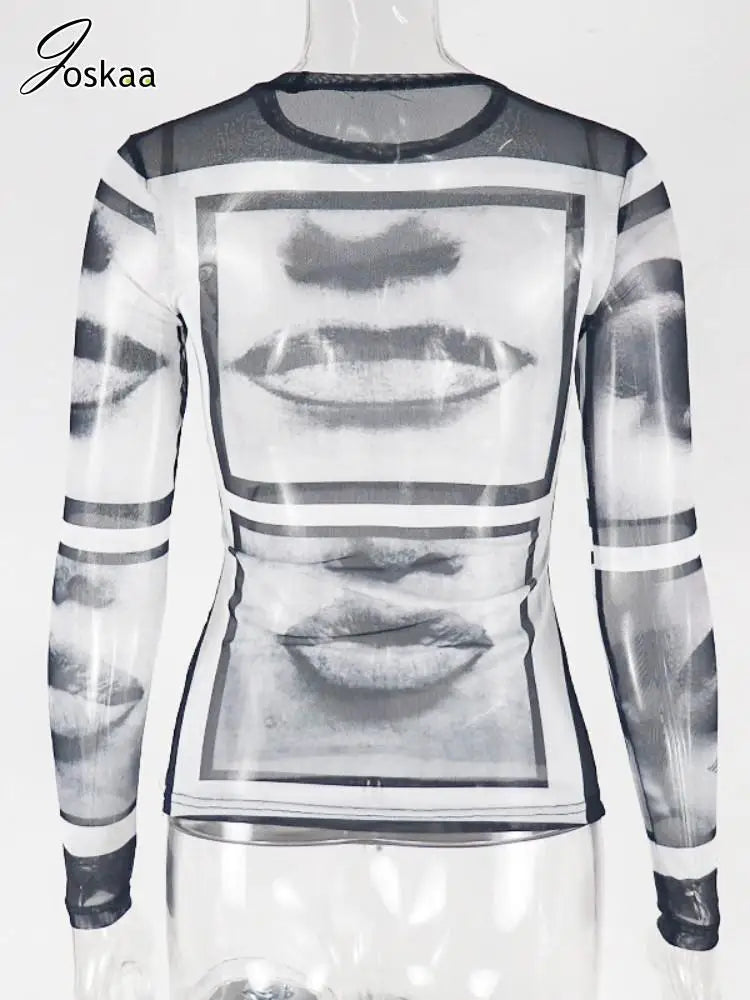 Joskaa Abstract Print Sheer Mesh Y2K T-Shirts Women Hipster O-Neck Full Sleeve Tops 2025 Summer Graphic Tees Midnight Clubwear