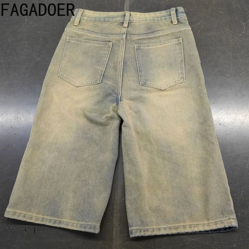 FAGADOER Retro Casual Denim Straight-Leg Shorts Women Old Hole Patchwork Loose Cowboy Jeans Female Streetwear Bottoms 2025 New