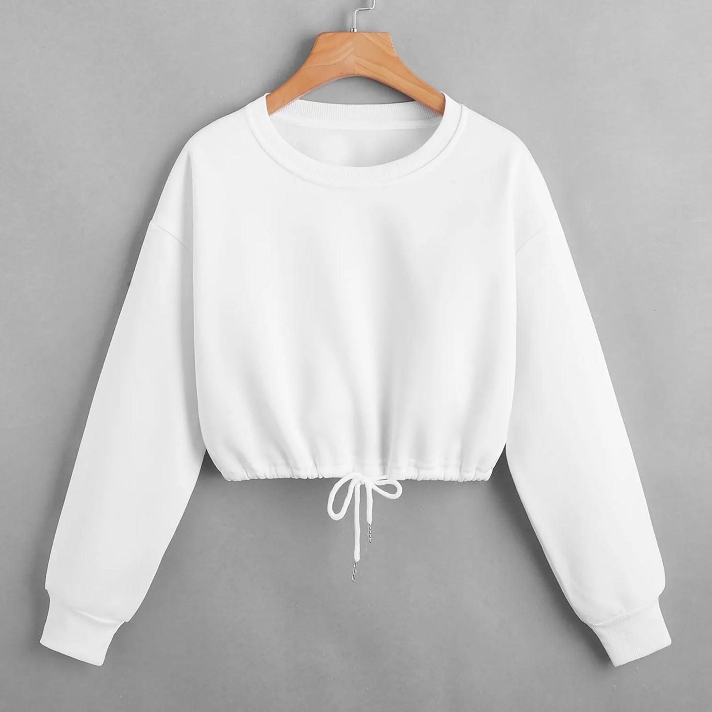 Women Casual Solid Round Neck Long Sleeve Crop Top Sweatshirt Loose Strap Top Athletic Wear Hoodie Casual Female Sportswear