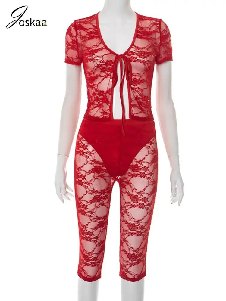Joskaa 2025 Summer Women's Sexy Lace Two Piece Set Print Hollow Short Sleeve Crop Top+Knee-Length Shorts Matching Y2K Streetwear