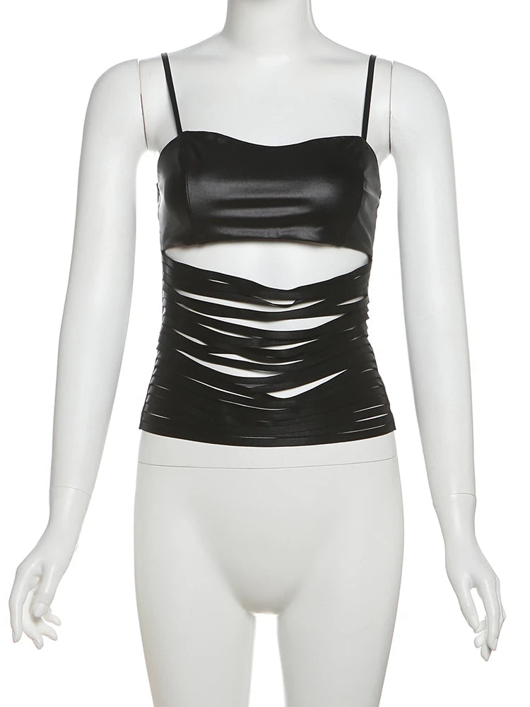 Weird Puss Faux Leather Camisole Tops Women Multi-Cutout Skinny Midnight Street 2025 Summer New Trend Hottie Versatile Mini Tops
