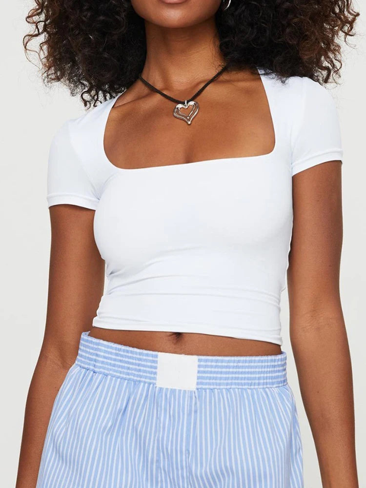 Summer Sexy Women U-neck Short-sleeve T-shirts Slim Elastic Skinny Crop Tops Solid Female Casual Pullovers Basic Tee Y2k Clothes