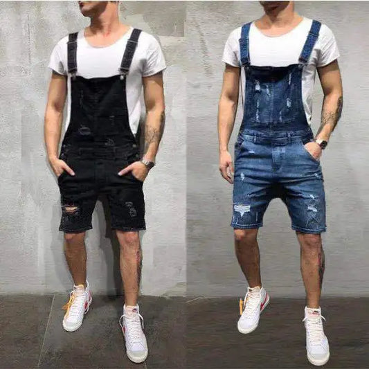 Men Ripped Jeans Jumpsuits Streetwear Distressed Stretch Denim Overalls for Man Jeans Suspender Knee Length Pants Male Rompers