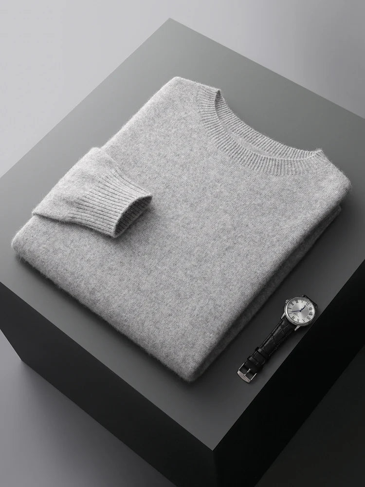 Basic Men's Seamless Wool Pullover Sweater Autumn Winter O-neck Solid 100% Merino Wool Knitwear Casual Simple Man Clothes Tops
