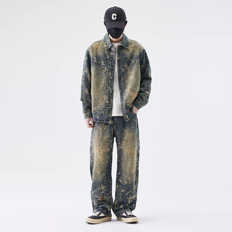 American High Street Denim Sets Men's Jacquard Ragged Loose Casual Plus Size Retro Washed Denim Shirt Style Jacket Jeans Pants