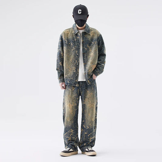 American High Street Denim Sets Men's Jacquard Ragged Loose Casual Plus Size Retro Washed Denim Shirt Style Jacket Jeans Pants
