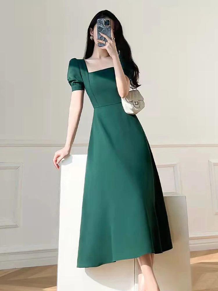 Black Long Dress Women Summer New Vintage Square Collar Dress Korean Elegant White Ins Female Puff Sleeve Vestidos