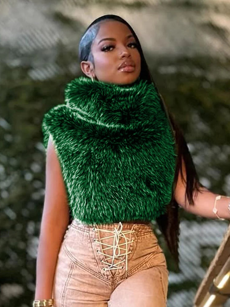 Weird Puss Turtleneck Furry Tank Tops Women Y2K Sexy Side Split Chic Fall Trend Midnight Basic Street Furs Hipster Clubwear Vest