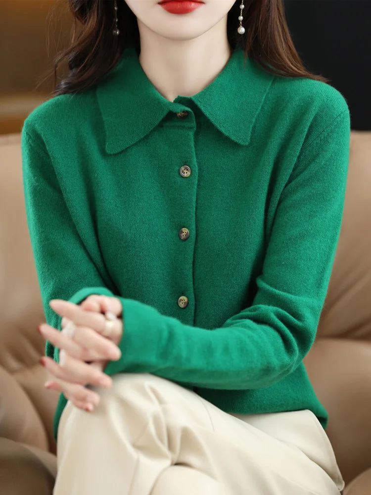 Chic Women's POLO Collar Thick Soft Warm Knitted Cardigan 100% Merino Wool New Arrivals Simple Button Solid Color Sweater Tops