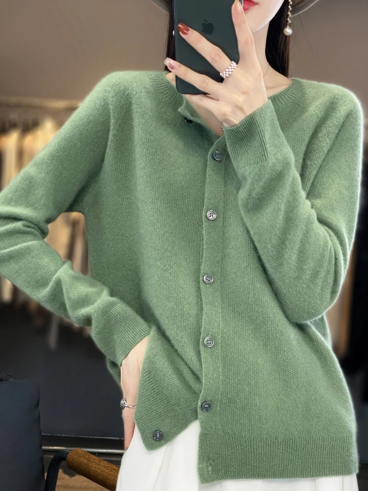 New Fashion Spring 100% Merino Wool Womens O-neck Cardigan Cashmere Sweater 2024 Female Clothing Grace Knitwear Korean Tops