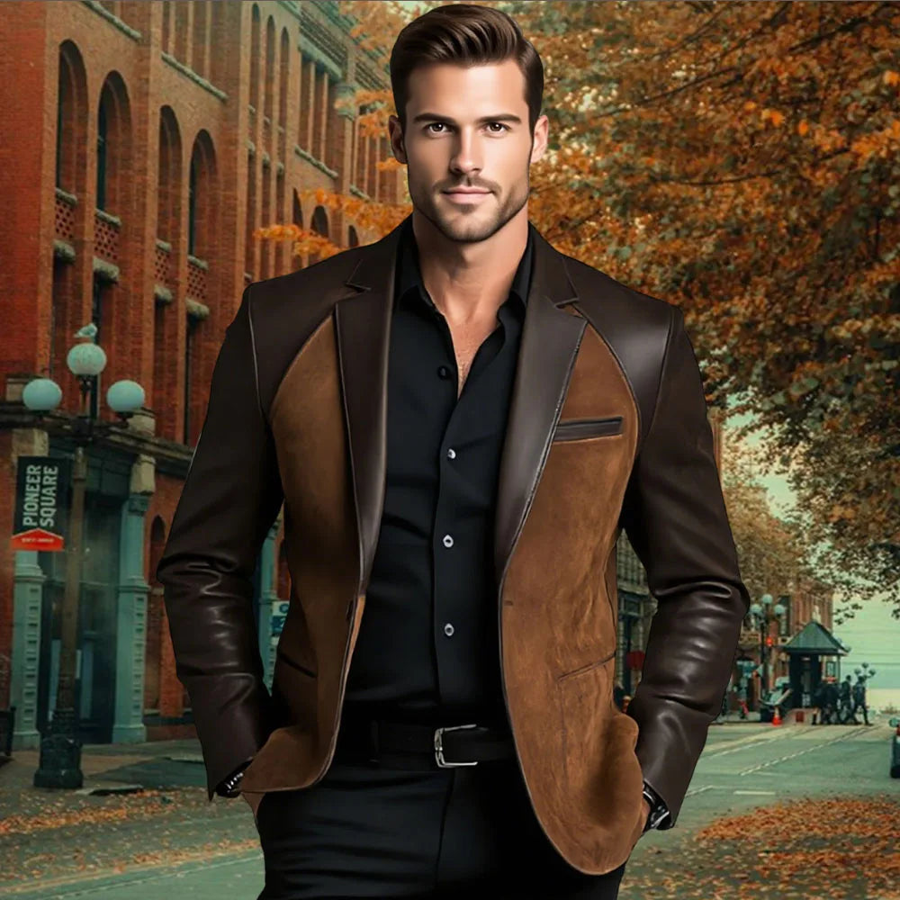 2025 NEW Leather Patchwork Velvet Men's Jacket Fashionable retro casual Brown Blazers man plus size custom suit Leather Coat