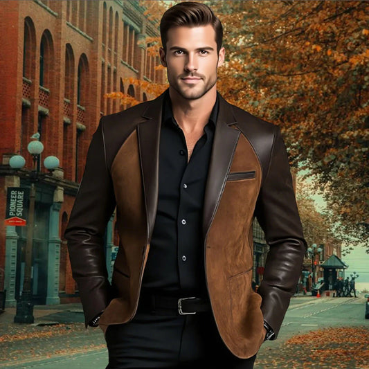 2025 NEW Leather Patchwork Velvet Men's Jacket Fashionable retro casual Brown Blazers man plus size custom suit Leather Coat