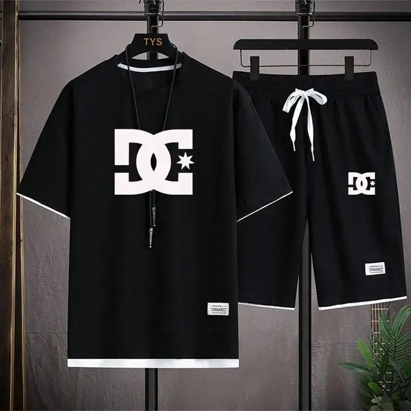 Summer Men's Sets Korean Fashion 2 Piece Set Tracksuits Men Casual Clothing Joggers Plaid T Shirt+Shorts Outfit