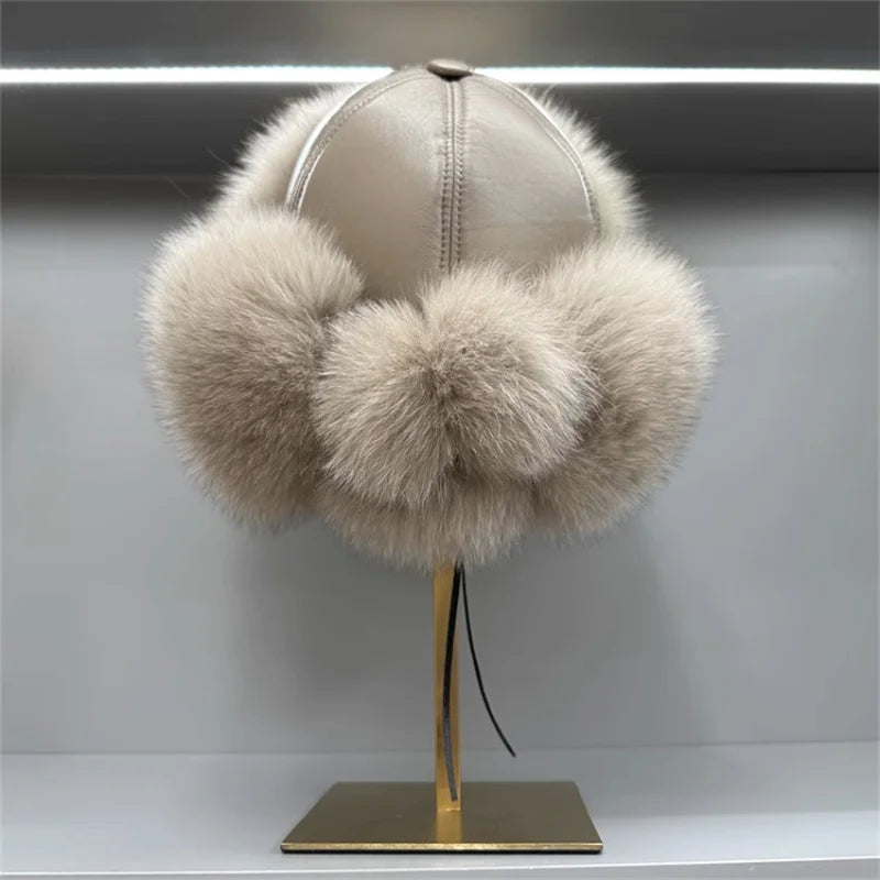 Ms.MinShu Unisex Winter Adjustable Earflap Genuine Black Fox Fur Hat with Sheep leather