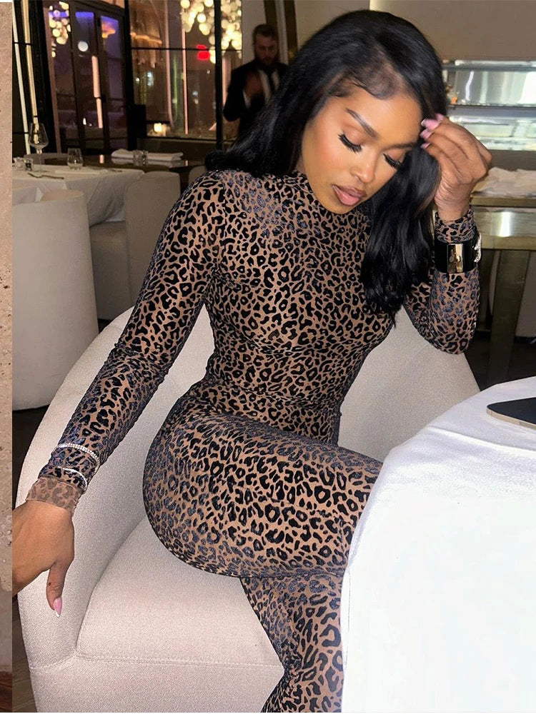 Nibber See Through Sexy Leopard Mesh Jumpsuit Women Sexy Hipster Zip Stretch Midnight Workout Autumn Fitness Street Overalls