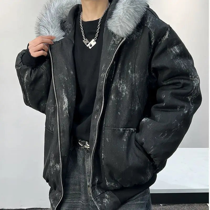 Winter men's cotton jacket with fur collar eagle embroidery and tie-dye design outdoor style jacket thickens and comfortable