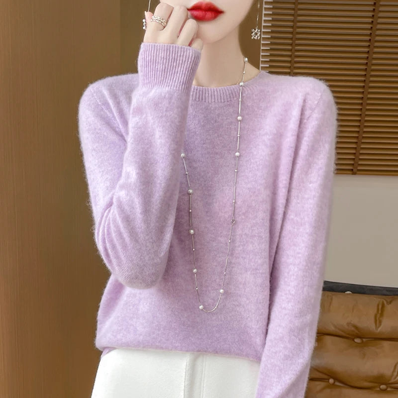 Autumn Winter Women 100% Merino Wool Sweater O-Neck Cashmere Pullover Basic Fashion Clothing Comfort Warm Top Casual Solid