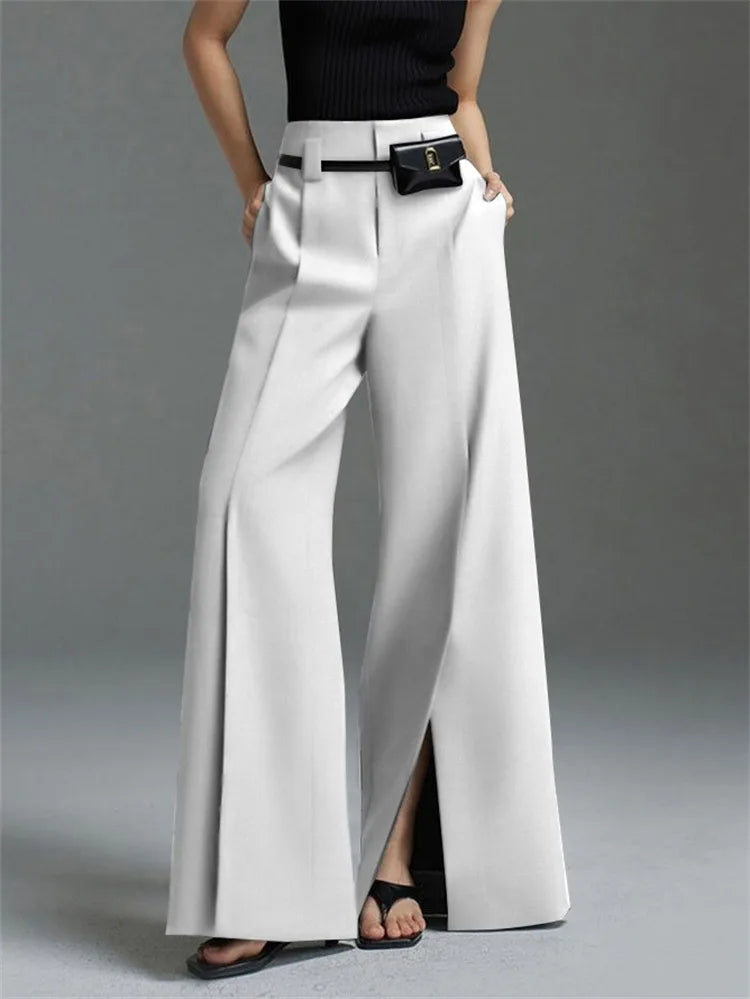 Yeezzi Urban Female Business Suit Pants 2025 New Fashion Black White Loose Straight Pant High-Waist Pleated Split-Front Trousers