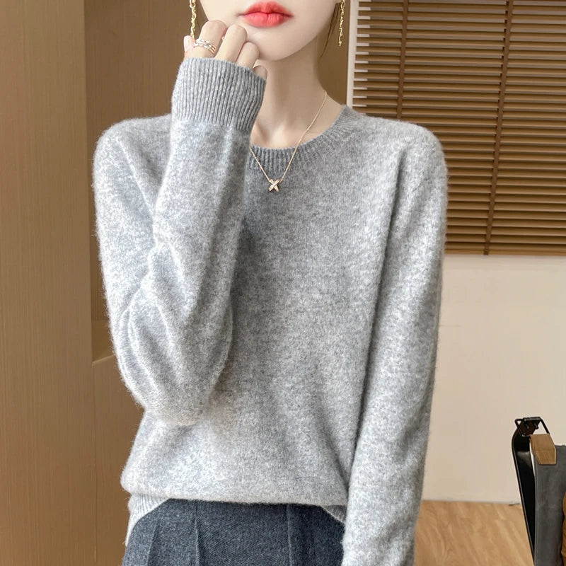 Autumn Winter Women 100% Merino Wool Sweater O-Neck Cashmere Pullover Basic Fashion Clothing Comfort Warm Top Casual Solid