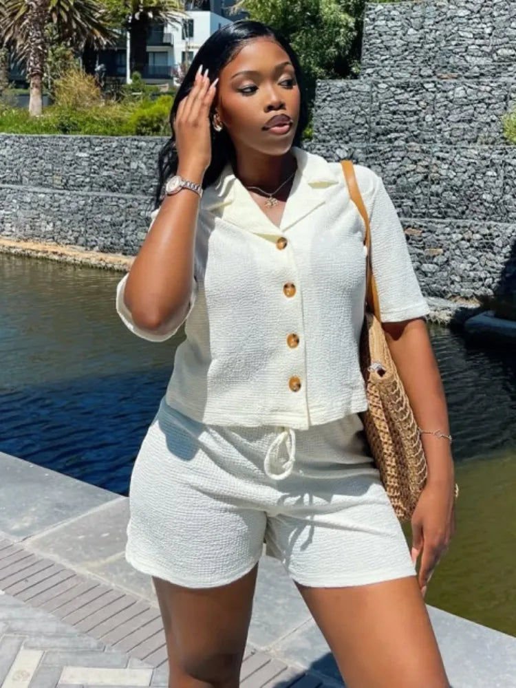 Joskaa Casual 2 Piece Set Women Concise Short Sleeve Button Shirts and Drawstring Shorts Matched 2025 Summer Vacation Streetwear