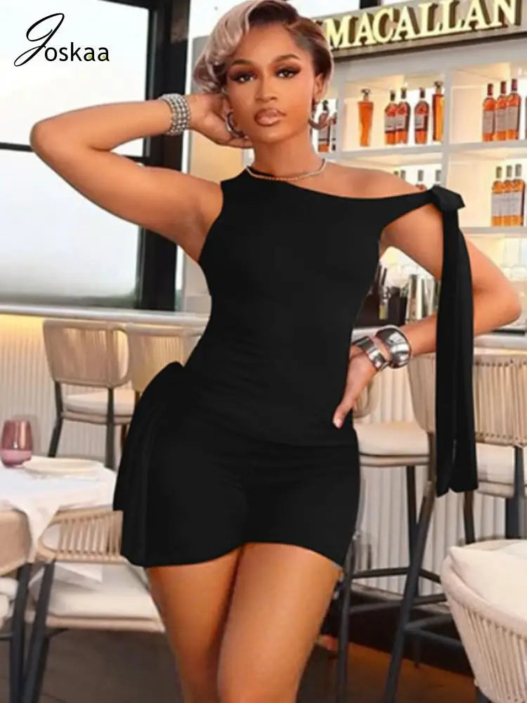 Joskaa Women's 2025 Summer Solid Two Piece Set Sexy Asymmetric Sleeveless Top and Bandage Shorts Matching Tracksuits Streetwear